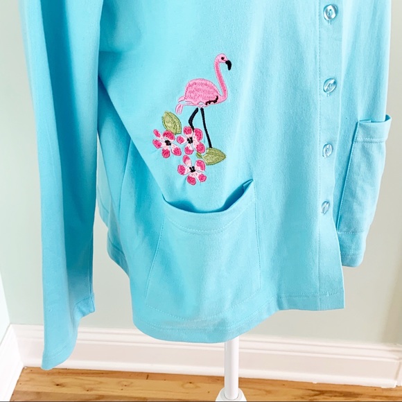 🏷️ Palm Harbor Pink Flamingo Embroidered Baby Blue Cardigan Petite Large - Picture 3 of 6